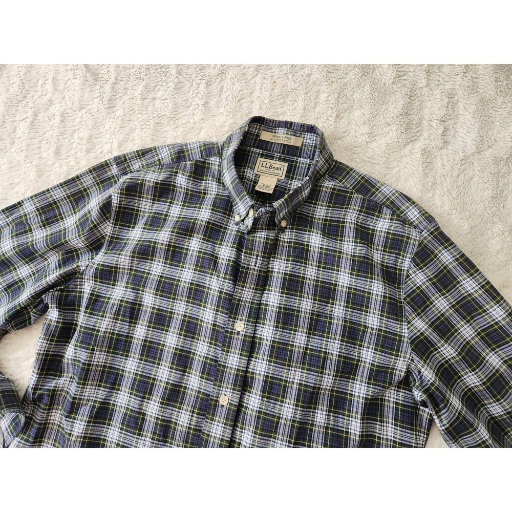 L.L. Bean Men's M Plaid Button Down Shirt Wrinkle Free Slightly Fitted Blue...